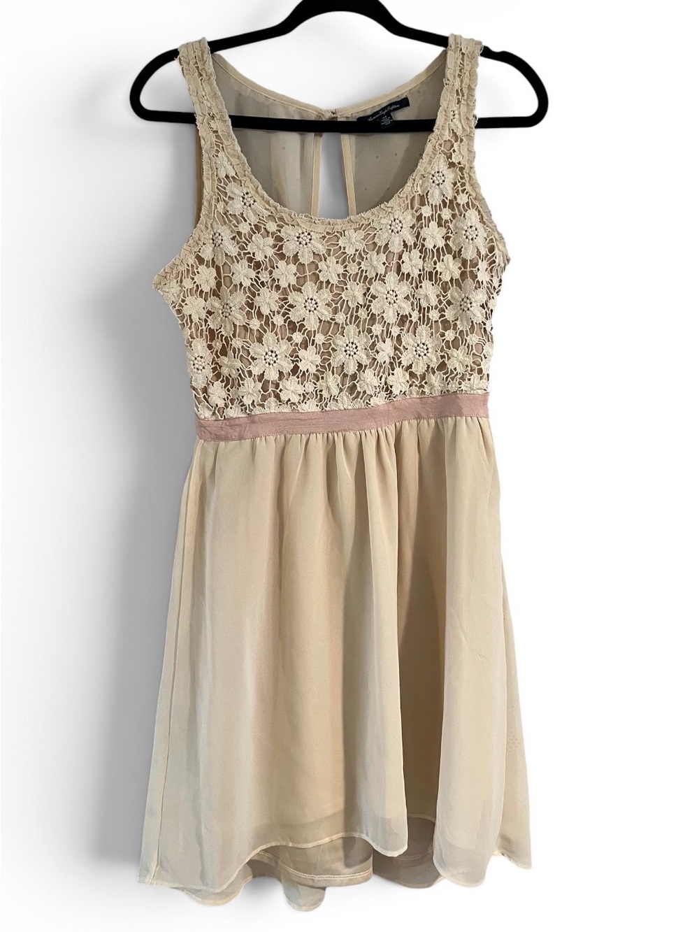 American Eagle Cream Lace Bodice Chiffon Dress with Pink Waistband